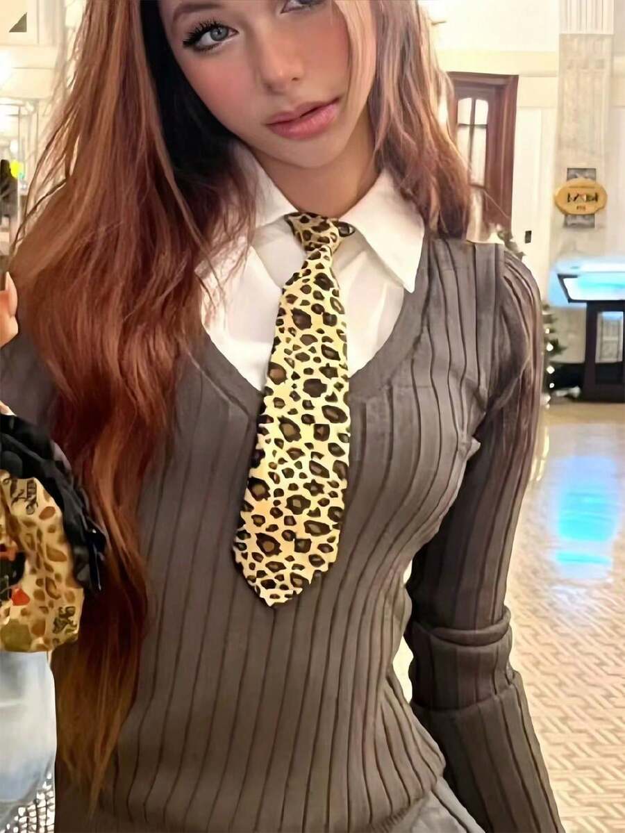 1条经典豹纹印花领带，时尚针织涤纶领带，衬衫领带，适合假日和休闲场合穿着，中性色。 - 彩色 - 查看 1