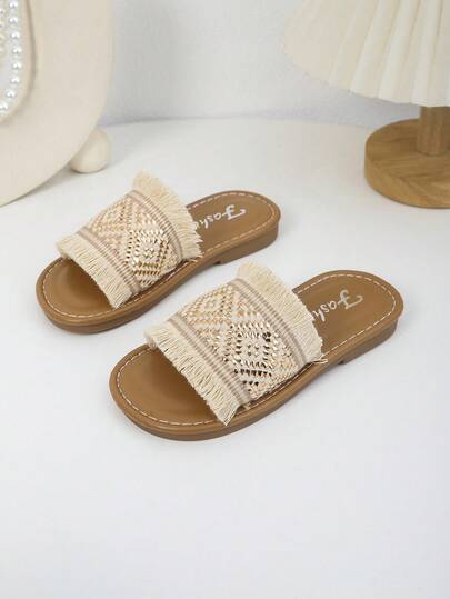 1 Pair Infant/Toddler Beige Flat Sandals, Solid Soft Fabric Upper With Shiny Strap & Tassel, Classic Round Toe Open Slip-On Non-Slip Soft Bottom Design, Fashionable & Elegant For 3-12 Years Old Girls, Suitable For Beach, Holiday, Party, Spring/Summer 2026