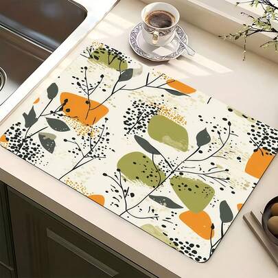 1pc Kitchen Counter Orange & Green Leaf Pattern Drying Mat, Absorbent Non-Slip Coffee Pad, Heat Resistant Tabletop Decor For Coffee Bar, Home