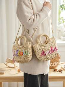 Customized Straw Beach Bag, Bridesmaid Beach Bag, Customized Gift Tote, Customized Straw Handbag, Wedding Party Gift, Flower Girl Basket - Multicolor - View 5