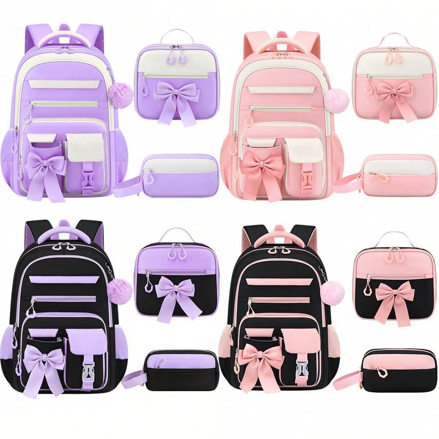 3pcs Bow Decor Lightweight Zipper Backpack Set, High Density Casual Backpack For Girl, Suitable For School And Daily Commute - Pink - View 1