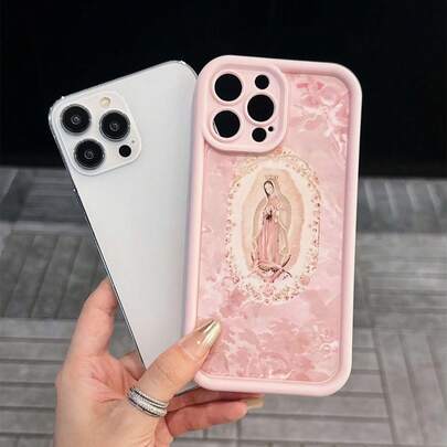 1 chiếc ốp lưng điện thoại mới, màu hồng, họa tiết Đức Mẹ Đồng Trinh, bảo vệ toàn màn hình, có lỗ camera, phù hợp với 17 Air/17 Pro Max/17/16 Plus/15/14/13/12/11/XS Max/XR/7/8
