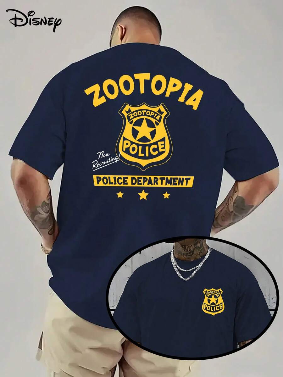[Authorized By Disney] Zootopia Department Badge Men's T-Shirt Can Be Flipped, Inspired By Nick Wilde And Judy Hoops, Zootopia Logo, Casual. - Navy Blue - View 1