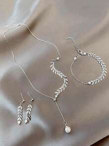 Set de 3 piezas: Collar con cadena de espiga de trigo de moda, collar de cadena delicada de perlas y pendientes a juego para mujeres - Plateado - Ver 1