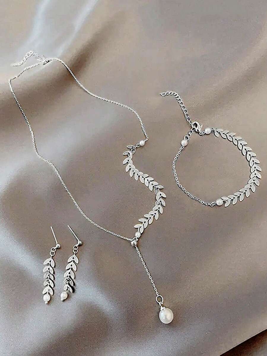 Set de 3 piezas: Collar con cadena de espiga de trigo de moda, collar de cadena delicada de perlas y pendientes a juego para mujeres - Plateado - Ver 1