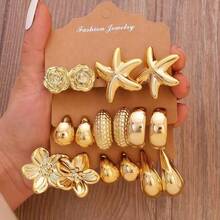 6-18件套时尚金属C形花朵不对称派对节日耳环套装，适合女性日常、节日、派对佩戴，轻盈CCB材质，女士时尚耳环套装 - 彩色 - 查看 1