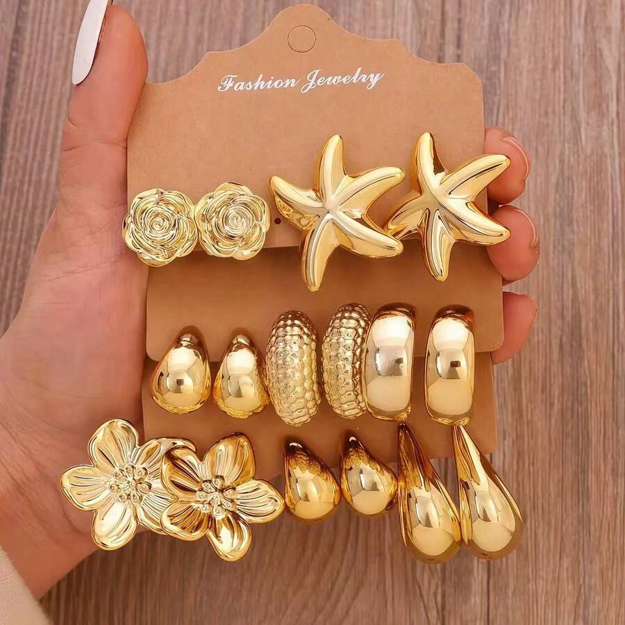 6-18件套时尚金属C形花朵不对称派对节日耳环套装，适合女性日常、节日、派对佩戴，轻盈CCB材质，女士时尚耳环套装 - 彩色 - 查看 1