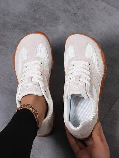 女士户外平底加宽圆头系带简约原创露营鞋，透气宽松休闲日常步行运动鞋，四季皆宜