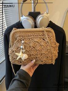 Starfish & Seashell Straw Clutch With Chain Strap | Summer Beach Vacation Essentials - Khaki - View 6