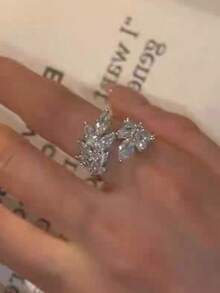 1pc Luxury Sparkling Cubic Zirconia Leaf Design Minimalist Elegant Adjustable Ring For Women - Silver - View 6