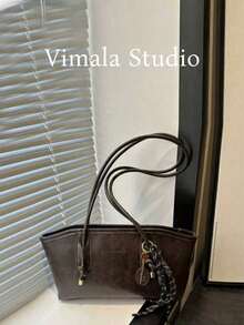 Bolsa de boliche de Pu cor café com zíper e estampa de losangos, grande capacidade, estilo sacola, com toque aveludado, modelo retrô, com detalhe de corda, ideal para uso diário feminino. Bolsa com laço na moda para mulheres. - Café - Ver 1