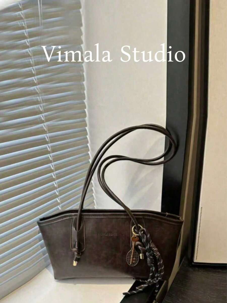 Bolsa de boliche de Pu cor café com zíper e estampa de losangos, grande capacidade, estilo sacola, com toque aveludado, modelo retrô, com detalhe de corda, ideal para uso diário feminino. Bolsa com laço na moda para mulheres. - Café - Ver 1