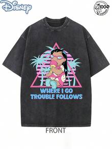 Disney Officially Licensed Graphic T Shirts 100 Percent Cotton Disney Shirt, Stitch & Lilo Couple T-Shirt, Unisex, Washed 230g, Summer Retro, "Where I Go Trouble Follows" Print, Daily Wear - Black - View 2