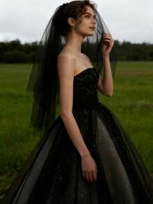 1pc Bride's Simple Style Mid-Length Double-Layer Veil - Black - View 3