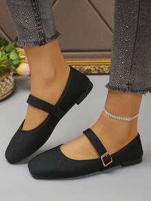 女士亮片装饰方头鞋，套脚式正装鞋，适合日常穿着，搭配连衣裙优雅大方，尺码35-43，春秋季，芭蕾平底鞋 - 黑色布面細紋 - 查看 4