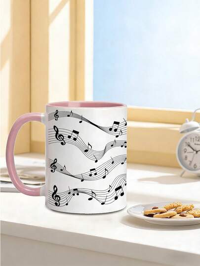 1个11盎司极简主义音符陶瓷马克杯，咖啡/水杯，优雅的黑色乐谱图案，适用于盛装冷热茶、咖啡、牛奶。时尚而富有韵律感的礼物，送给音乐爱好者，是办公室、家居、生日和圣诞节的完美之选。