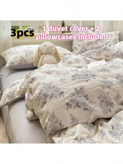 Bộ chăn ga gối 3 món bằng vải muslin cotton mềm mại, ấm áp, in họa tiết hoa, gồm 2 vỏ gối và 1 vỏ chăn, phù hợp cho phòng ngủ, ký túc xá, mọi mùa, có thể giặt máy.