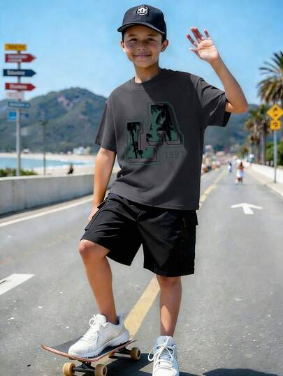 Teenage Boys American Retro "LA" Letter & 1987 Numeral Print Round Neck Short Sleeve T-Shirt + Khaki Casual Pants Summer New Set