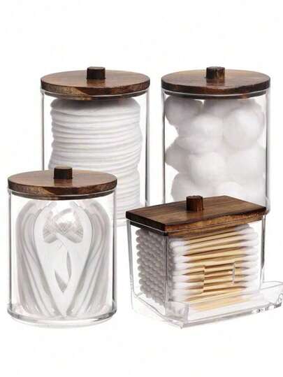 1/3 Pcs Cotton Swab Storage Box, 10/7 Oz Round Cotton Pad Dispenser Bottle With Bamboo Lid, Bathroom Supplies & Decor