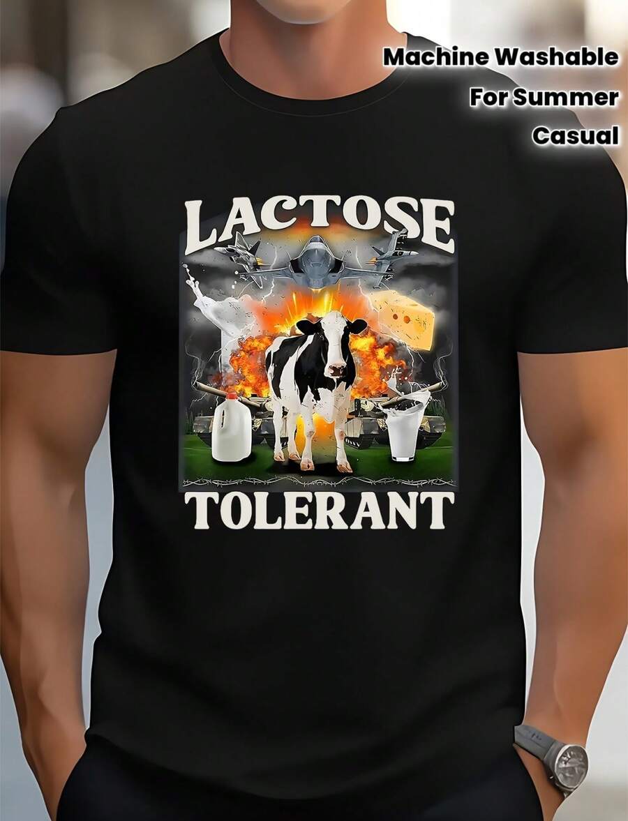 Men'S Black Graphic Tee Featuring A Humorous Lactose Tolerant Design With A Cow And Milk Cartons. This Casual Round Neck Short Sleeve Shirt Is Machine Washable And Ideal For Summer Wear - 黑色 - 查看 1