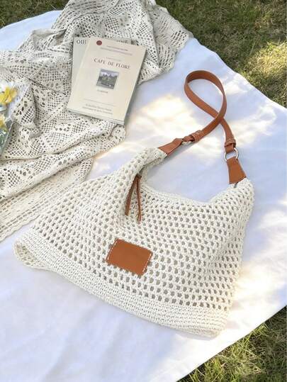 Woven Hollow-Out Handbag For Women, New Travel Tote Bag, Single Shoulder Underarm Bag, Large Capacity Inside. The Woven Solid Beige Design Features A Smooth Zipper Closure At The Top. The Single Shoulder Strap Is Adjustable At Will, And The Long Strap Can Be Worn On The Shoulder, Across The Body