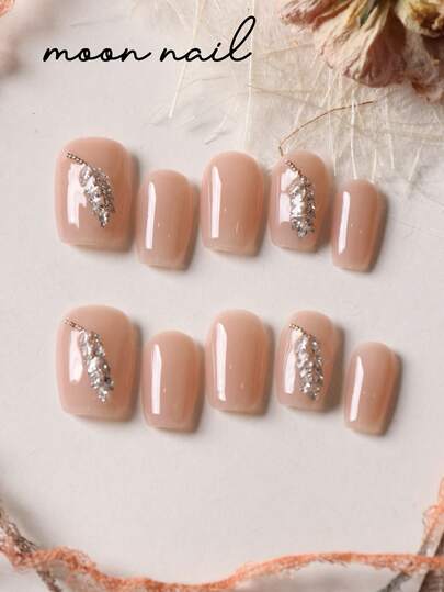 10pcs Press On Nails Skin Color Flash Diamond Leaf Nails Press On Nail Supplies Short Nails Fake Nails Artificial Nails Kit Includes 1sheet Adhesive Tabs &1 Pc Mini File