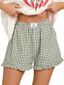 Womens Ruffle Boxer Shorts Pajama Gingham Shorts Summer Casual Lounge Sleep Plaid Beach Bottoms Pockets 2026 - 軍綠白色格子 - 查看 1
