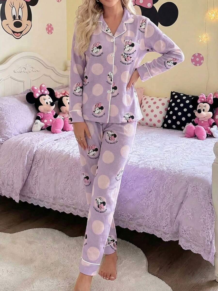 Disney 两件套印花荷叶边休闲长袖上衣和裤子女士睡衣套装 - 紫色 - 查看 1