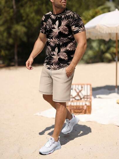男士印花短袖T恤短裤套装，简约时尚，适合夏季穿着
