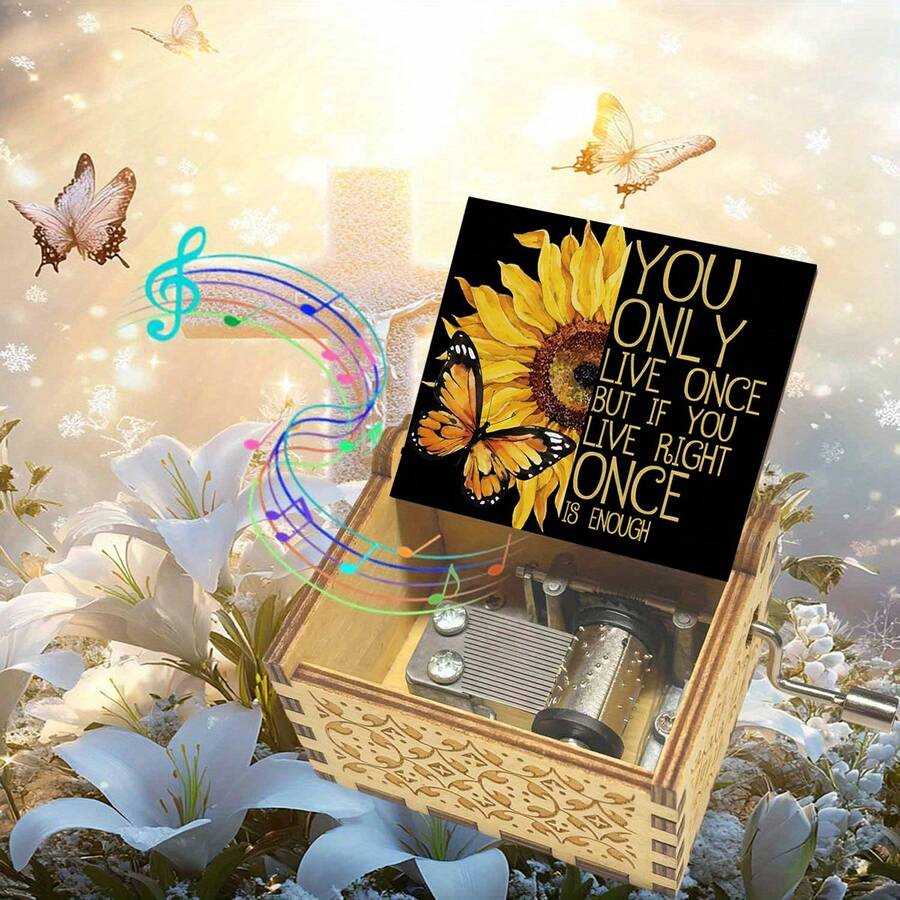 手摇木质音乐盒 - “你是我的阳光”向日葵蝴蝶图案，无需电池，完美的励志礼物 - 復古向日葵音樂盒 - 查看 1