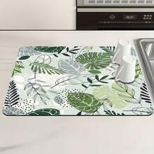1pc Mint Green Leaf Pattern Absorbent Non-Slip Kitchen Counter Drying Mat, Heat Resistant Coffee Bar Decor - The Language Of Mint Green Leaves - View 2