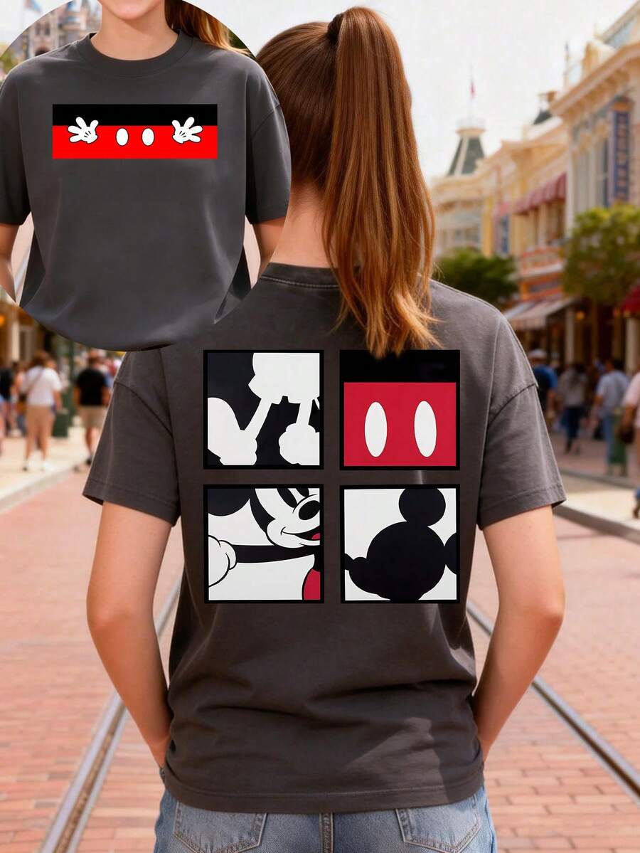 Disney Camiseta de algodón de manga corta y cuello redondo casual para mujer con estampado de Mickey Mouse - Negro - Ver 1