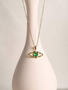 1pc Fashionable Retro 18K Gold Plated Stainless Steel Mysterious Guardian Devil's Eye Inlaid Tiger Eye & Green Natural Stone Pendant Necklace, Hypoallergenic, Suitable For Women's Daily, Party, Vacation, Layering, And Holiday Gifts - Gold - View 3