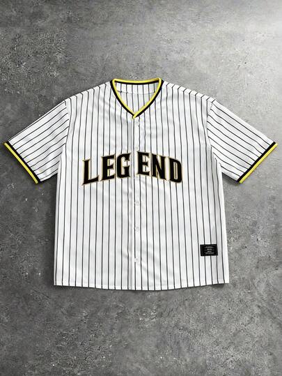 男士欧美街头嘻哈休闲宽松条纹字母装饰棒球夹克短袖衬衫，适合多种场合