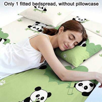 1pc Cartoon Cute Panda Eating Bamboo Print Brushed Fitted Sheet, Bedroom Printed Bed Cover, Mattress Cover, Mattress Protector, Dust Cover, Bedding (Excluding Pillow Case)