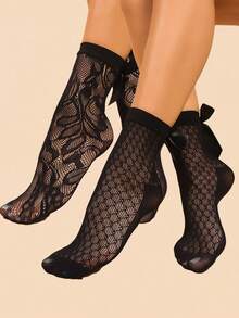 2 pares de calcetines finos para tobillo de mujer, con estampado floral y diseño de lazo, calcetines cortos para damas - Negro - Ver 7