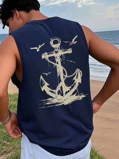 1 chiếc áo tank top nam mùa hè in hình chim mòng biển và mỏ neo, kiểu dáng thường ngày, không tay.