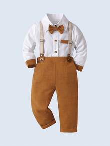 BOARNSEORL 2 piezas Conjunto de caballero para niños pequeños - Camisa blanca con pajarita y pantalones con tirantes caqui, elegante y apropiado para baby shower, fiesta de cumpleaños, boda, atuendo formal de pajecito - Caqui - Ver 3