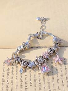 1pc Vacation Style Charm Bracelet With Sakura, Starfish, Pink Heart, Turtle, Butterfly, Coconut Tree Charms - Silver - View 7