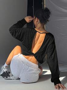 Best Selling! Light Gray Open Back Long Sleeve Fitted Top, Casual & Sexy Sports - Black - View 2