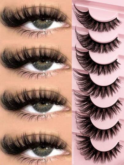 7 Pairs Cartoon Style Faux Mink Cat Eye False Eyelashes, Natural Thick Fake Lashes, Suitable For Halloween, Christmas, Valentine's Day Party Makeup And Holiday Makeup, Reusable For Daily, Wedding, Date, Gathering, Can Also Be Used As Christmas/Halloween Gift Eyelash Set