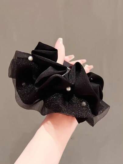 1pc Women's Satin Pearl Scrunchie, Minimalist Mesh Fabric Hair Tie, Suitable For Daily Wear, Parties, Gatherings, Vacations, All Seasons Scrunchy Hair Ties Ponytail Holders