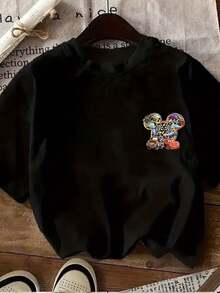 Disney Licensed "Cars" Lightning Mcqueen, Mater, And Other Iconic Racing Characters Double-Sided Printed T-Shirt, Short-Sleeve Round Neck Casual Top, Suitable For Summer And Spring, Short-Sleeve Top, Women'S Clothing - 黑色 - 查看 2