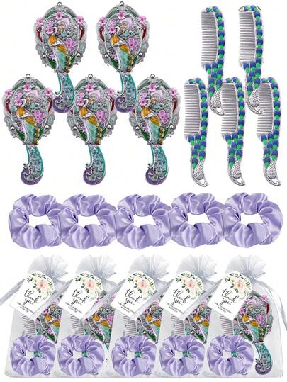 Vintage Pfau Blume Mini Strass Kamm Spiegel Make-up Tool Set, inklusive Dankeskarte und Kordelzugbeutel, Hochzeitsaccessoires, geeignet für Brautjungfern und Damen Junggesellinnenabschied & Brautparty Spa Übernachtungsfeier, Geburtstag Schulanfang Geschenk, tägliche Zusammenkunft Neujahrsgeschenk, Freundin Valentinstag Muttertag kreatives Geschenk