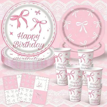 这款蝴蝶结图案的50件套一次性餐具套装包括10个餐盘、10个甜点盘、10个纸杯和20张餐巾纸。这套便捷的餐具套装非常适合露营、野餐、花园烧烤、婴儿派对、婚礼和生日派对。