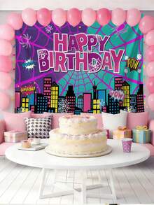 1pc T-Rendy Comic Style Spider-Web Birthday Tapestry,  Themed Party Backdrop Cloth,,D-Isney Charcaters Cartoon Theme Happy Birthday Party Backdrop,Pink Tapestry,Holiday Decoration, Decoration Themed Perfect Gift ,Room Wall Art Decoration,Fairy Tale Style,For Bedroom Living Room Corridor, Wall Art, Wall Decoration, Room Decoration - A - View 2