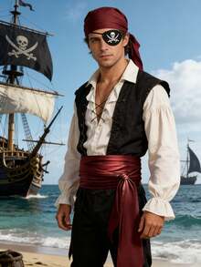 [Boat Crossing] 1/3 Pieces Of Halloween New-Style Voile Fabric Pirate Headscarf Belt Felt Skull Eye Mask. Fun Cosplay Medieval Renaissance Pirate Costume With Pirate Mask. Valentine's Day Mask-Wearing Dance Party, Christmas Party, Magical Costume Props, New Party Attire. - Multicolor - View 9