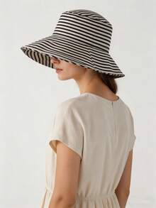 1pc Foldable Striped Bucket Hat, Large Brim Sun Hat For Summer UV Protection, Retro Fashionable Versatile Wide Brim Cap - Striped Hat - View 6