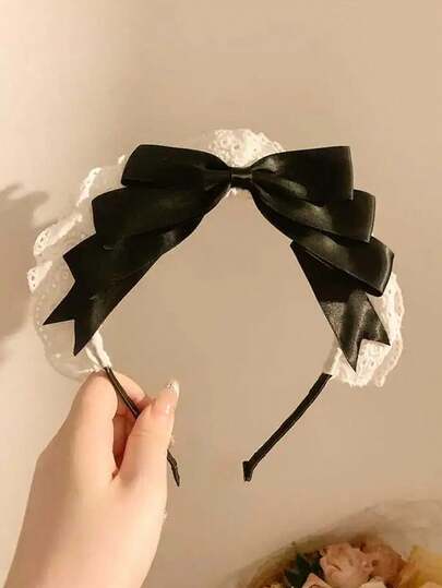 1pc French Retro Lace Innocent Bow Maid Headband, Cute Headpiece Set For Cosplay & Outdoor Wear