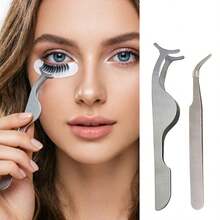 2pcs Eyelash Extension Stainless Steel Eyelash Curler & Tweezer Set, Makeup Beauty Tools - Silver - View 2